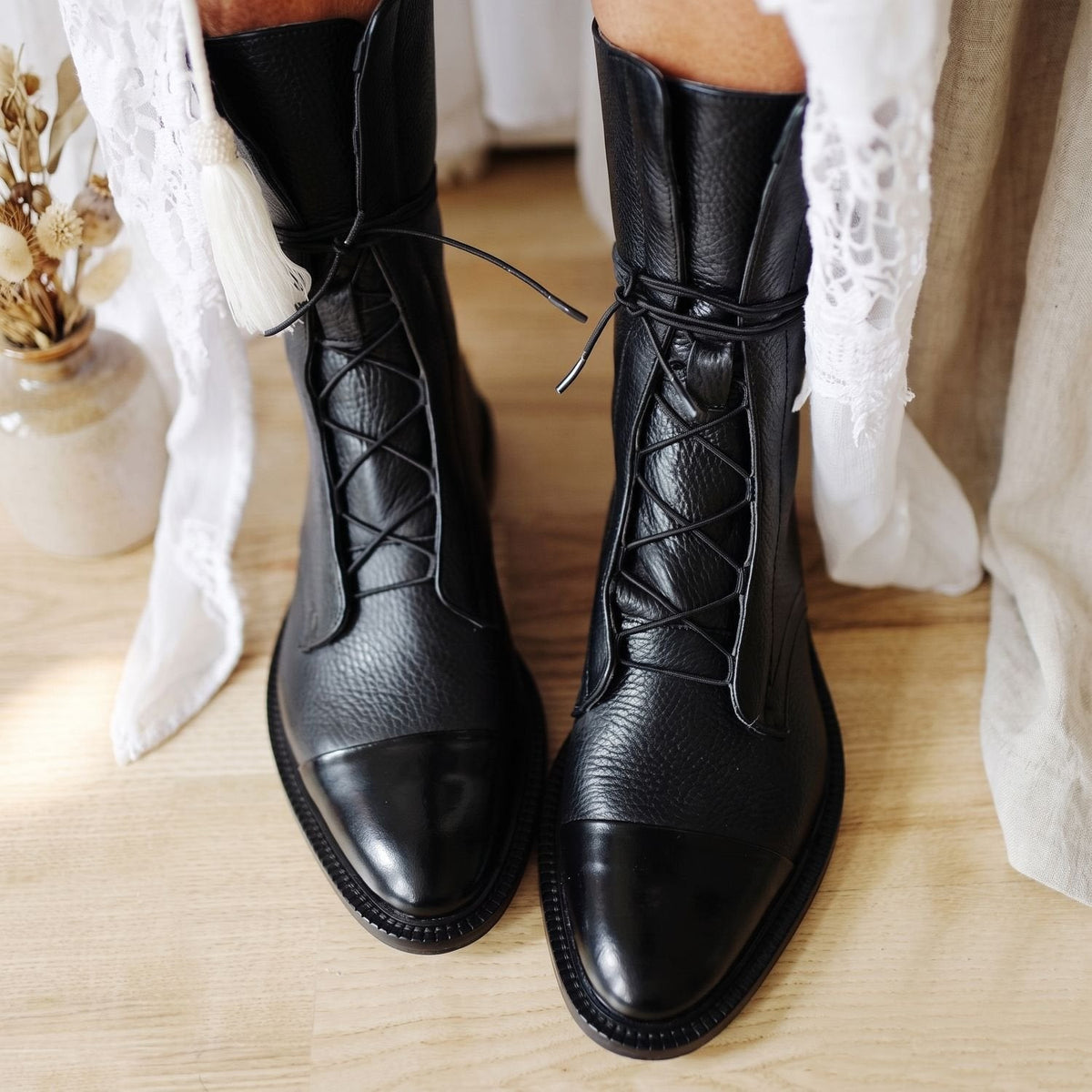 Stiefeletten Damen aus Kunstleder mit Baumwollfutter und Schnürung