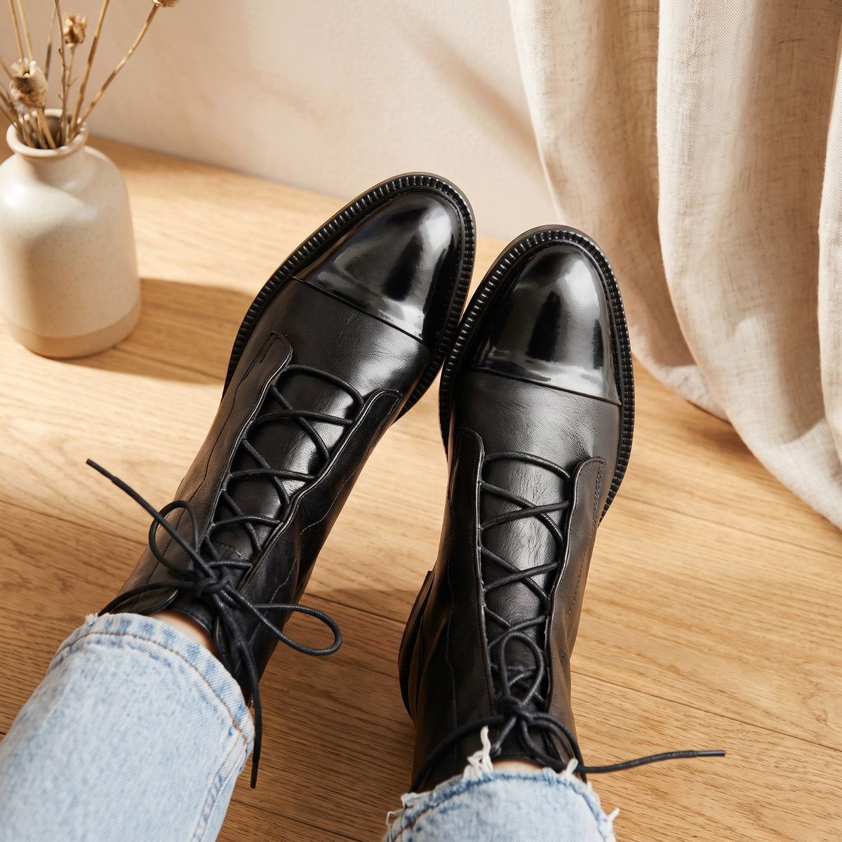 Stiefeletten Damen aus Kunstleder mit Baumwollfutter und Schnürung