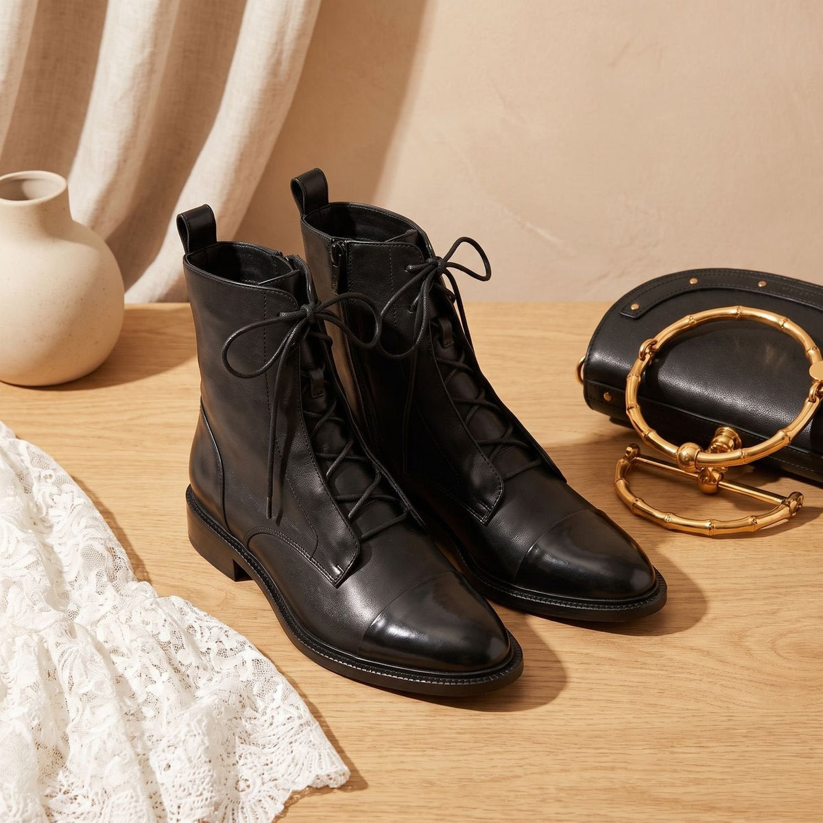 Stiefeletten Damen aus Kunstleder mit Baumwollfutter und Schnürung