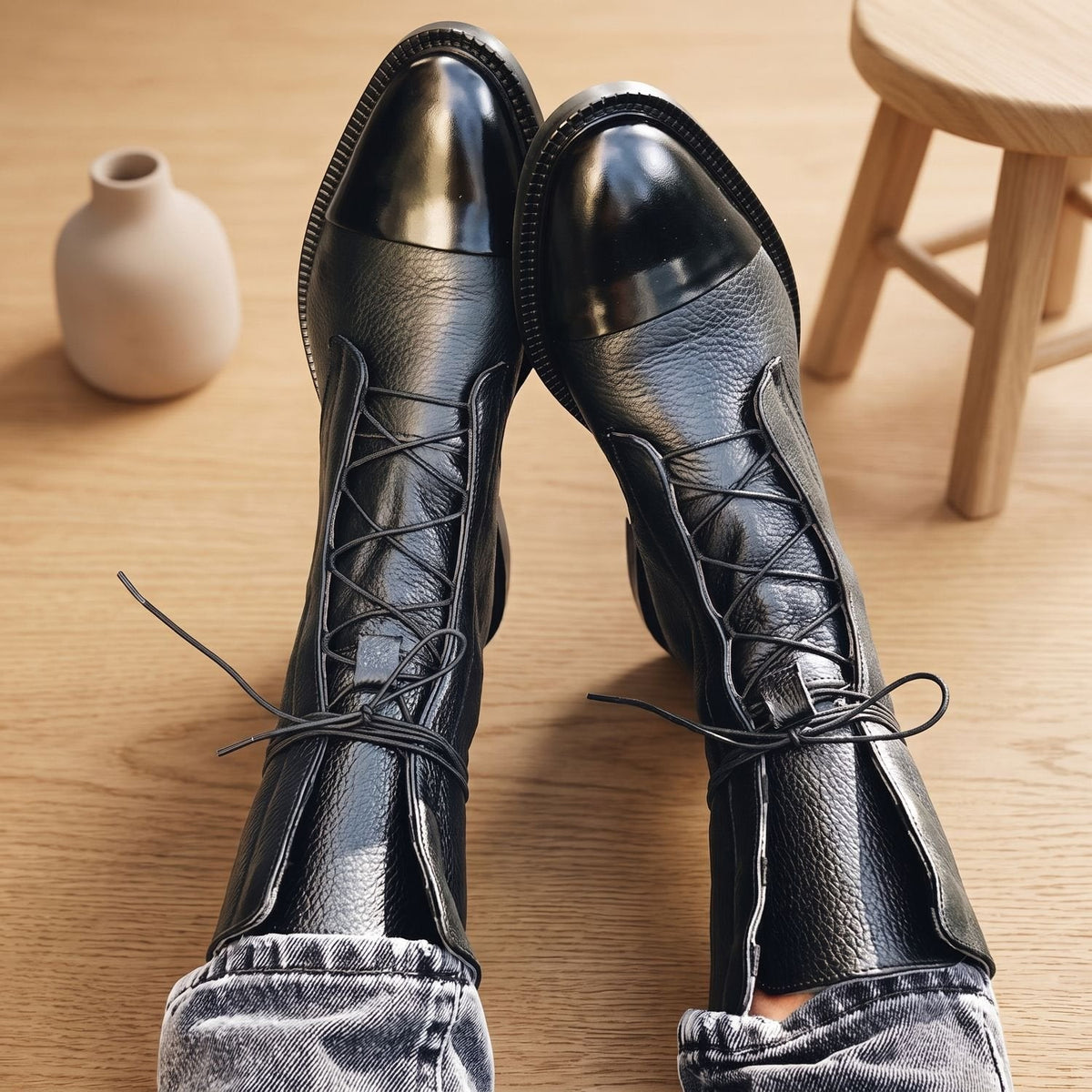 Stiefeletten Damen aus Kunstleder mit Baumwollfutter und Schnürung