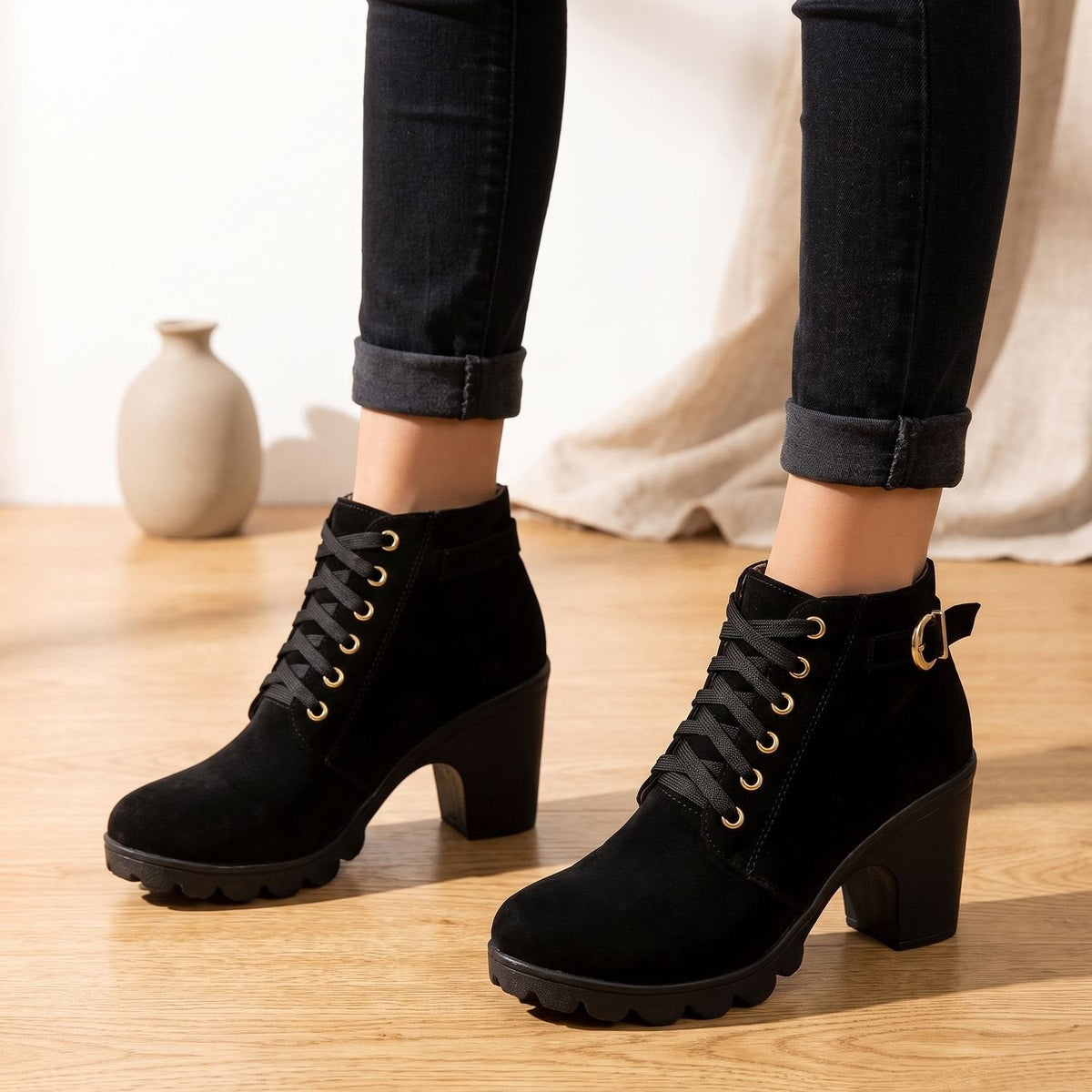Stiefeletten Damen aus Kunstleder mit Blockabsatz und Schnürung