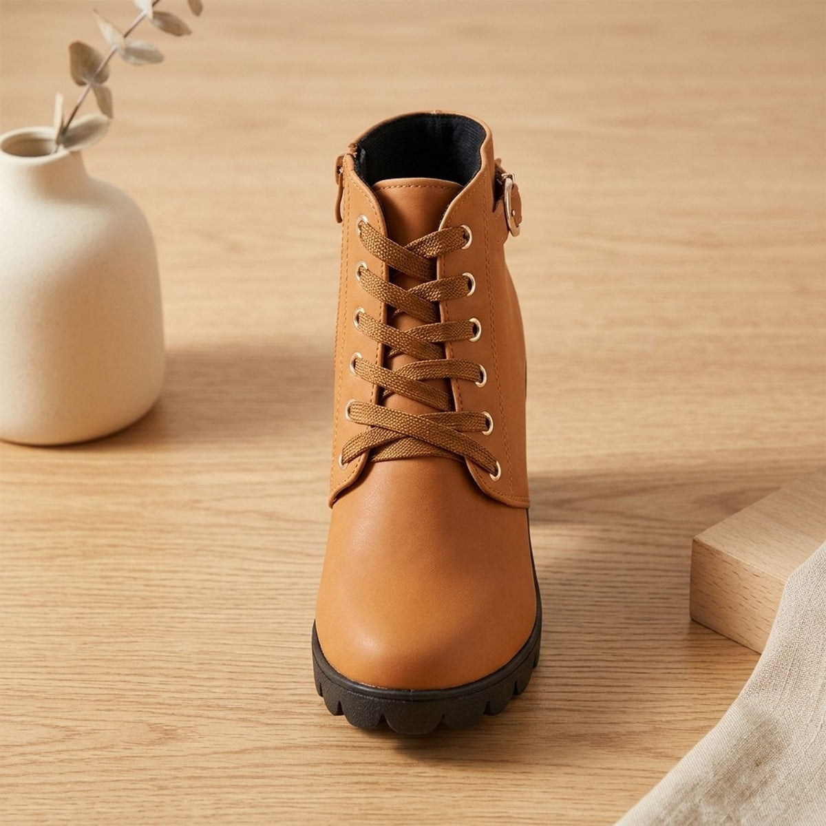 Stiefeletten Damen aus Kunstleder mit Blockabsatz und Schnürung