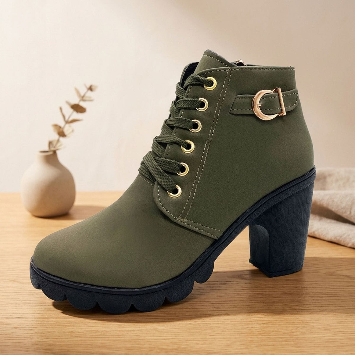 Stiefeletten Damen aus Kunstleder mit Blockabsatz und Schnürung