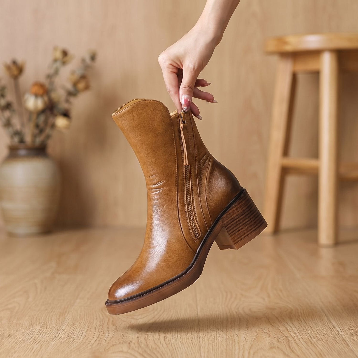 Stiefeletten Damen aus Leder mit Blockabsatz, seitlicher Reißverschluss