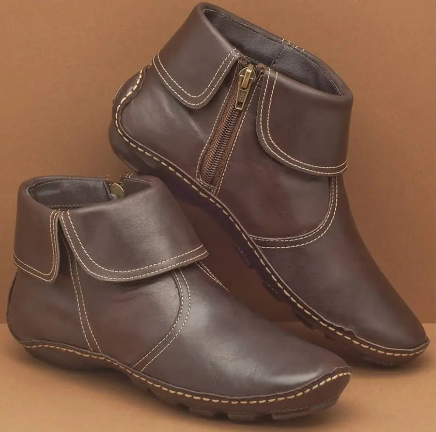 Stiefeletten mit Vintage-Ziernähten und flachem Absatz für Damen in Dunkelbraun (mit Reißverschluss) - Ansicht 2