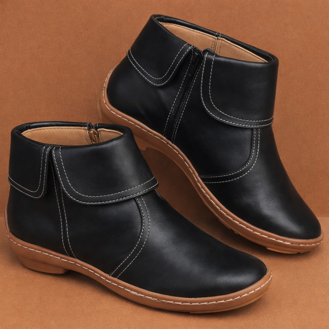 Stiefeletten mit Vintage-Ziernähten und flachem Absatz für Damen in Schwarz (mit Reißverschluss) - Ansicht 9