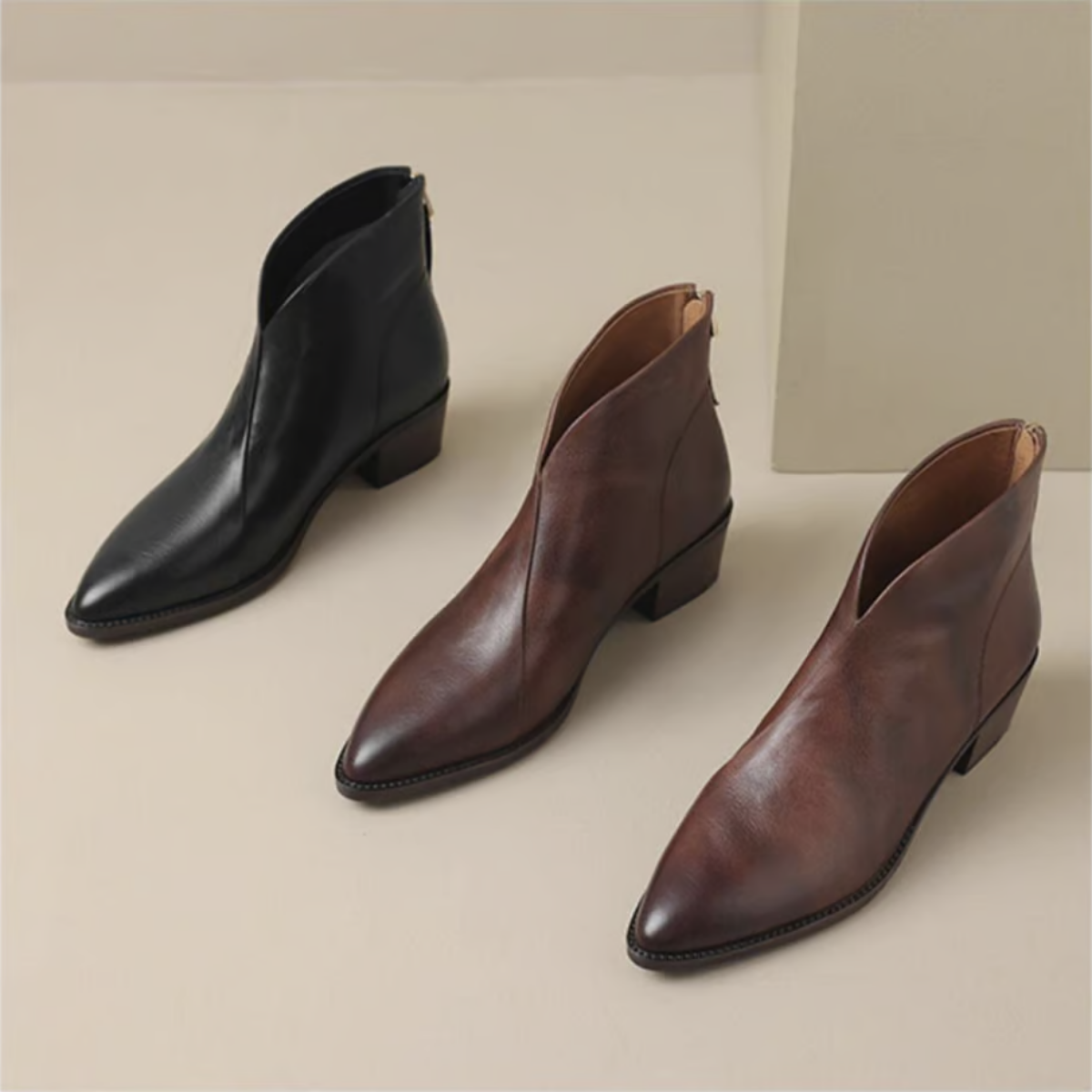 Spitze Stiefeletten mit niedrigem Absatz und Reißverschluss für Damen - Ansicht 3