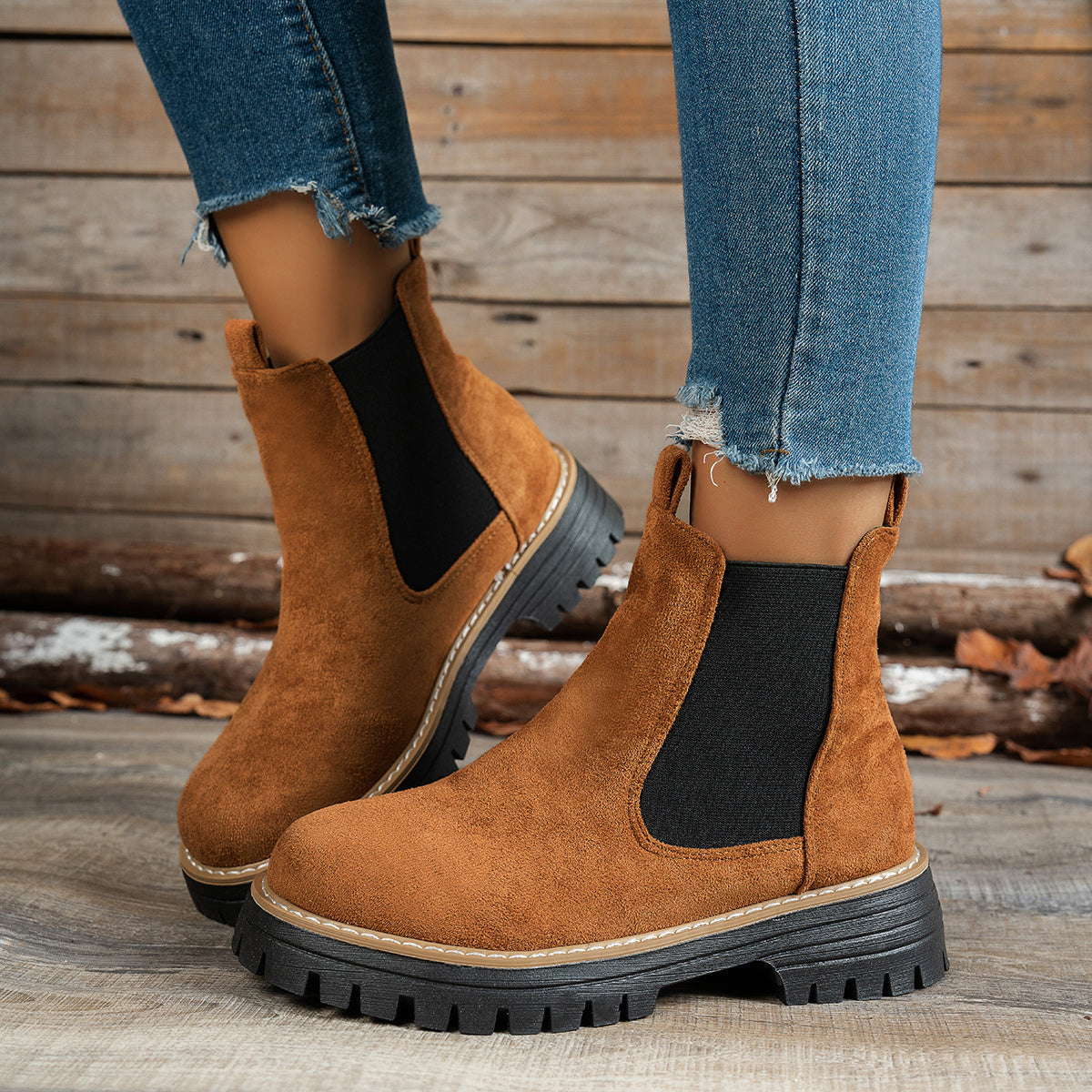 Stiefeletten Damen Chelsea mit Plateausohle und Blockabsatz