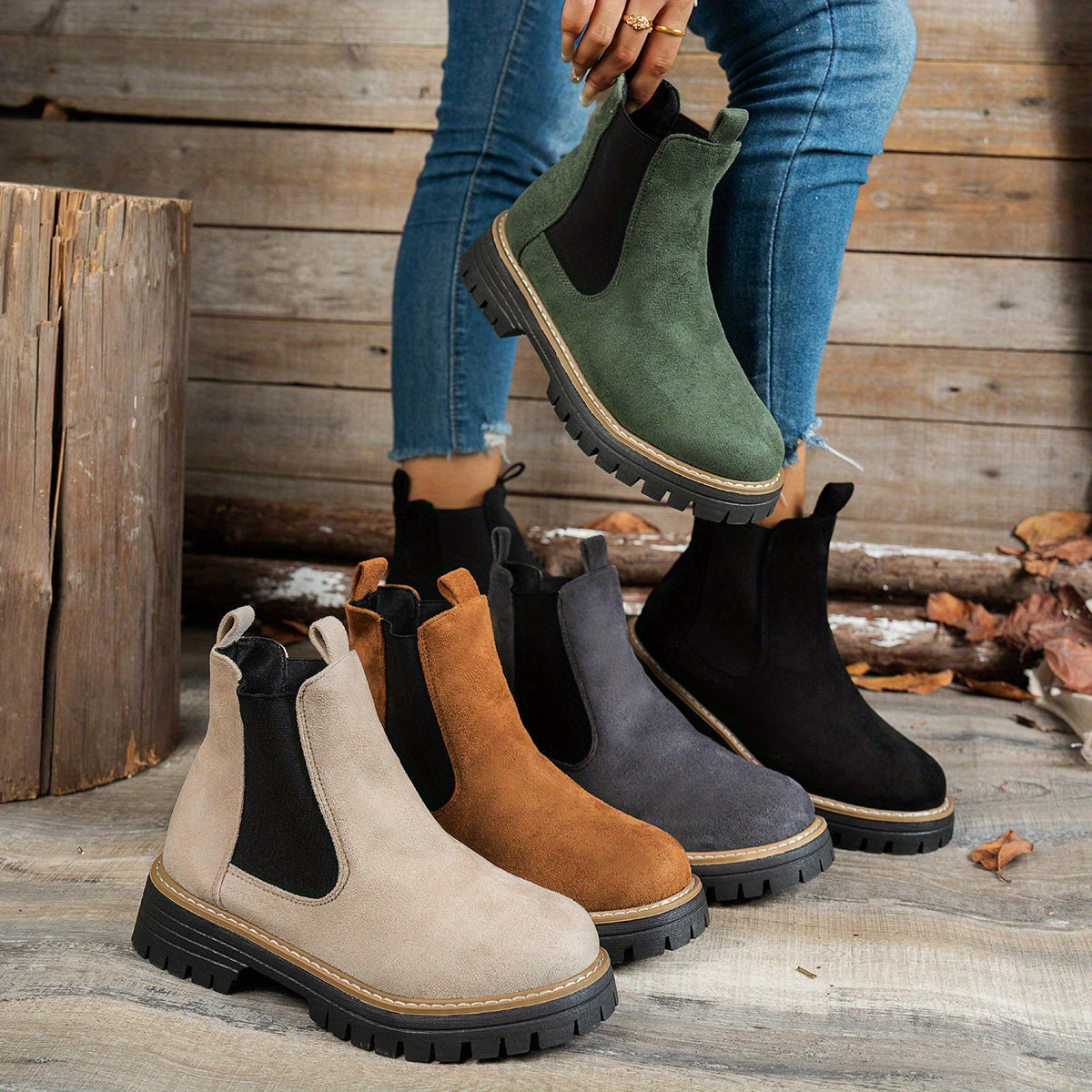 Stiefeletten Damen Chelsea mit Plateausohle und Blockabsatz