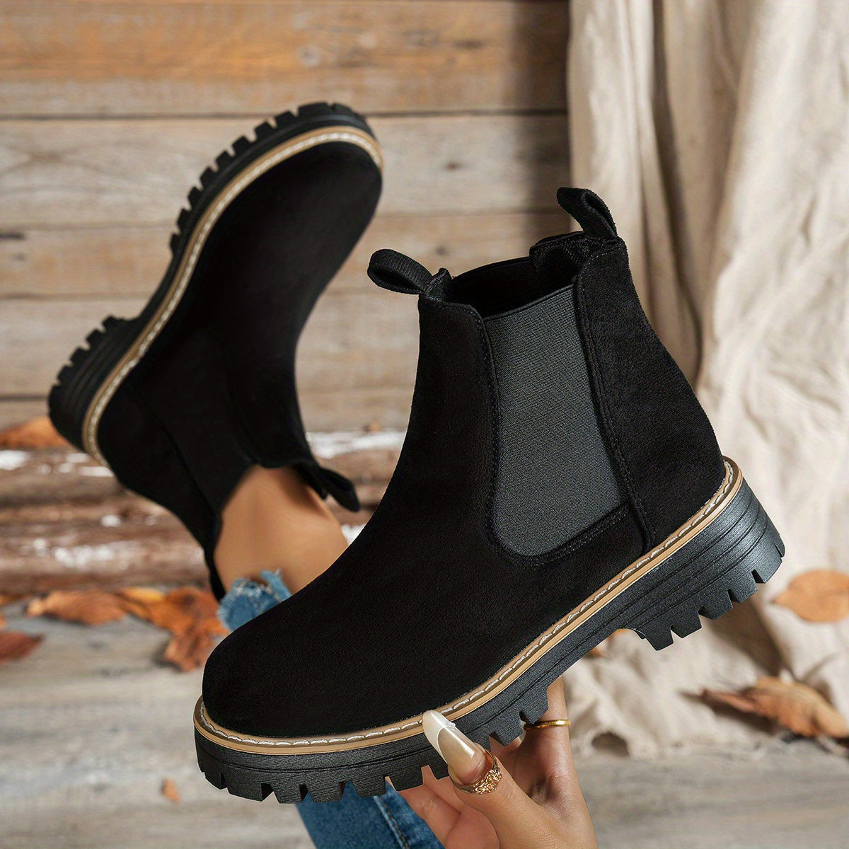 Stiefeletten Damen Chelsea mit Plateausohle und Blockabsatz