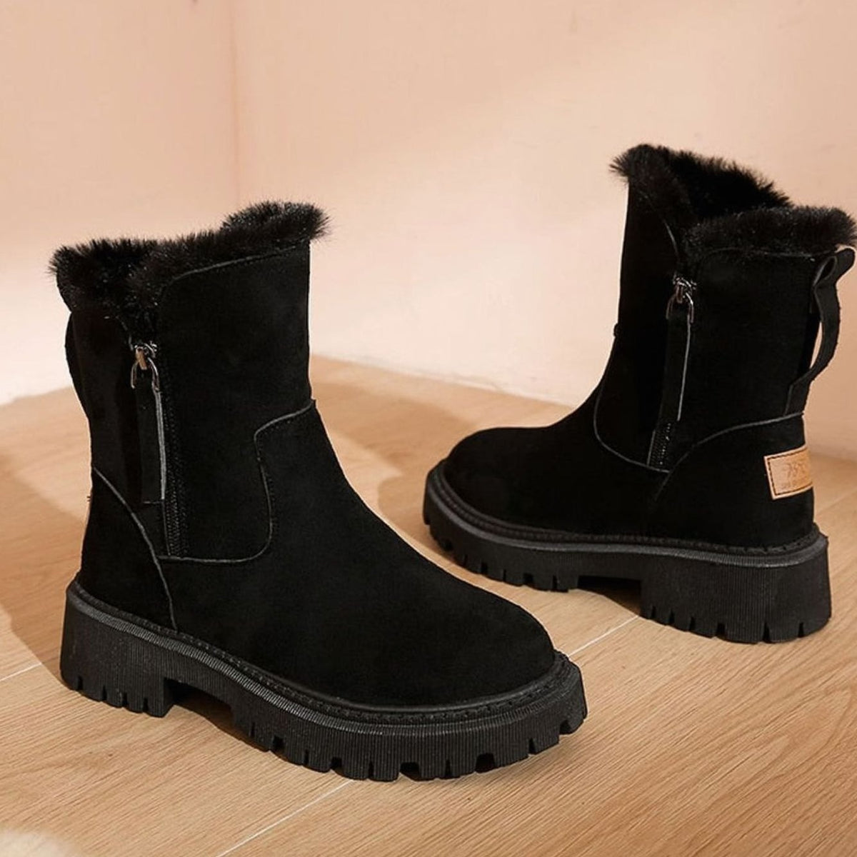 Stiefeletten Damen Winter gefüttert mit Kunstfellrand und Blockabsatz