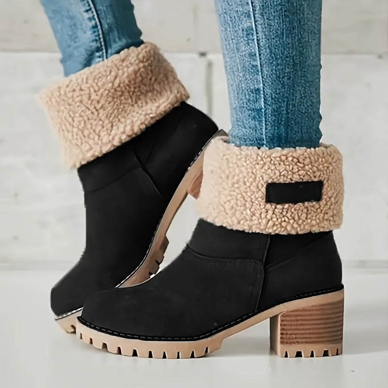 Stiefeletten Damen gefüttert mit Blockabsatz und Fleece-Kragen