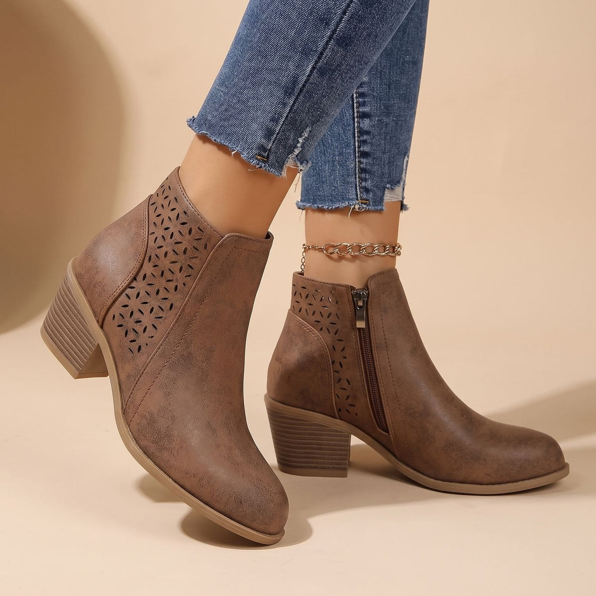 Stiefeletten Damen mit Blockabsatz, Reißverschluss und Blumenmuster
