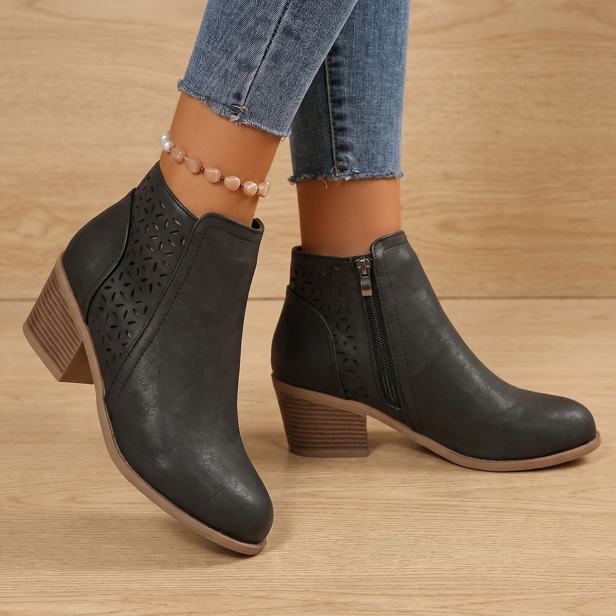 Stiefeletten Damen mit Blockabsatz, Reißverschluss und Blumenmuster