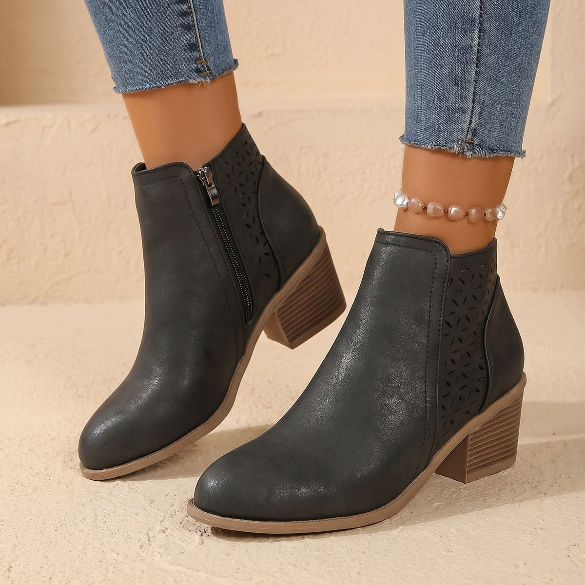 Stiefeletten Damen mit Blockabsatz, Reißverschluss und Blumenmuster