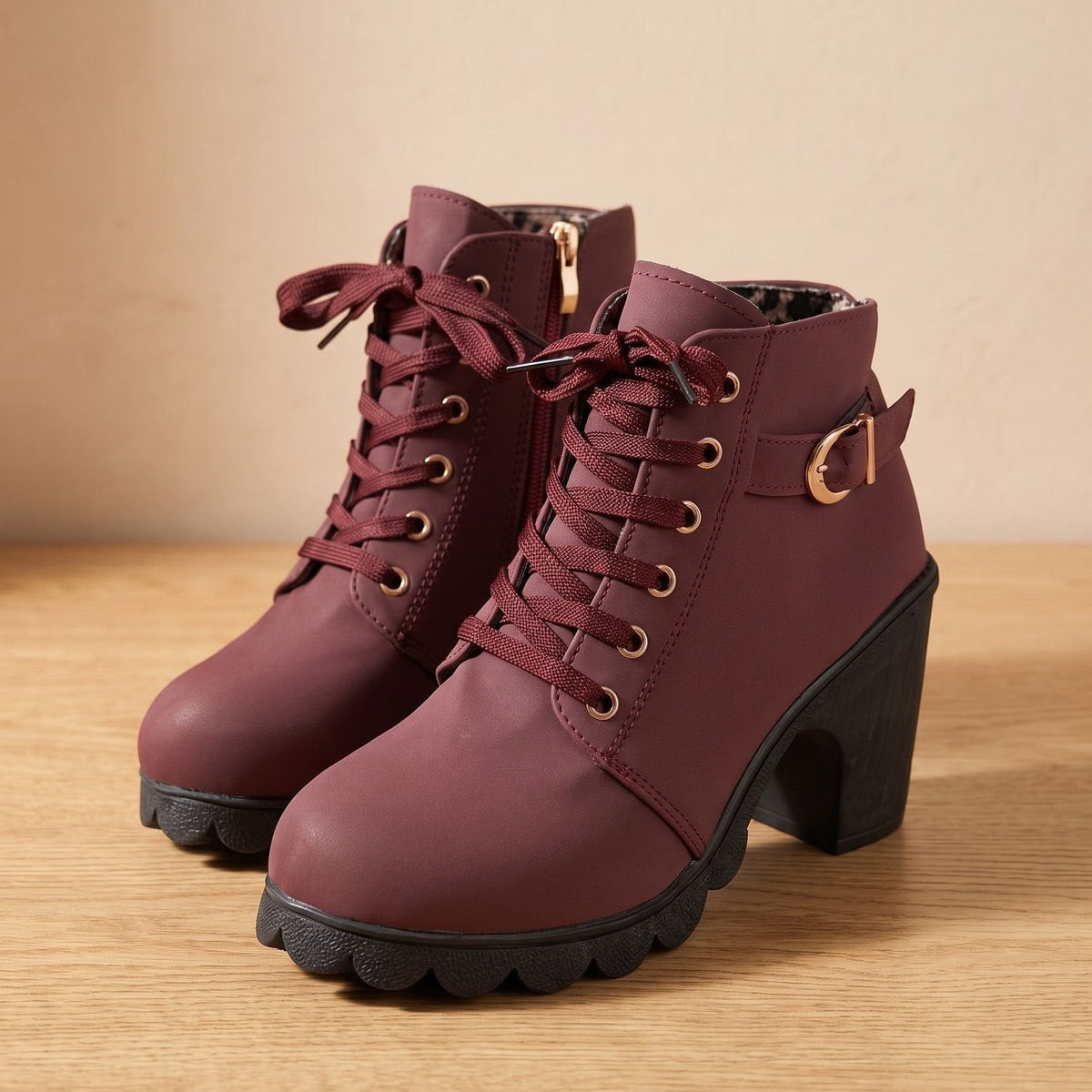 Stiefeletten Damen mit Blockabsatz, Schnürung und Profilsohle