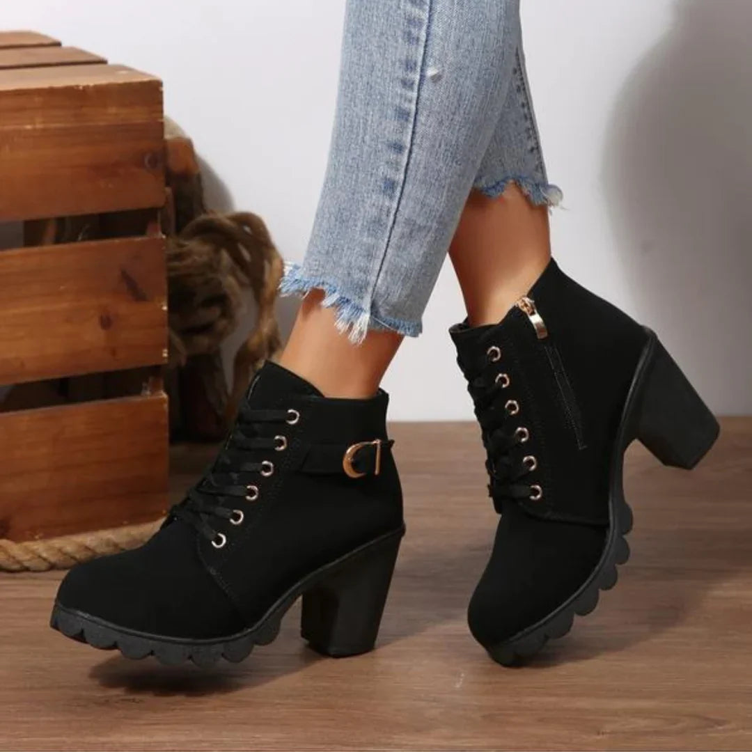Stiefeletten Damen mit Blockabsatz, Schnürung und Schnallendetail