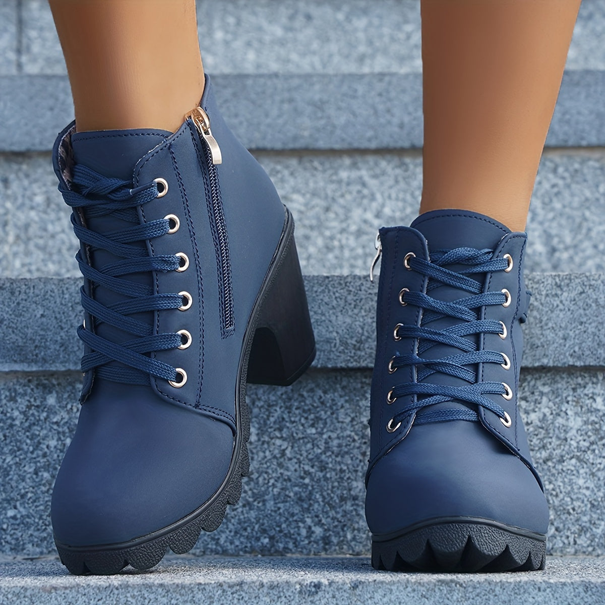 Stiefeletten Damen mit Blockabsatz, Schnürung und Seitenzipper
