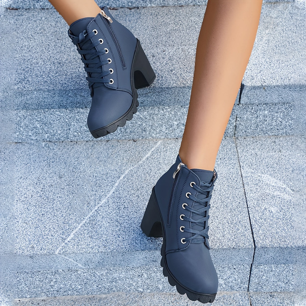 Stiefeletten Damen mit Blockabsatz, Schnürung und Seitenzipper