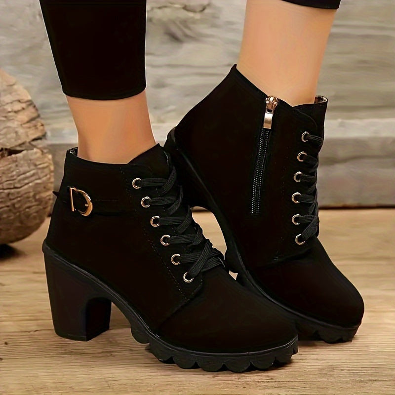 Stiefeletten Damen mit Blockabsatz, Schnürung und Seitenzipper