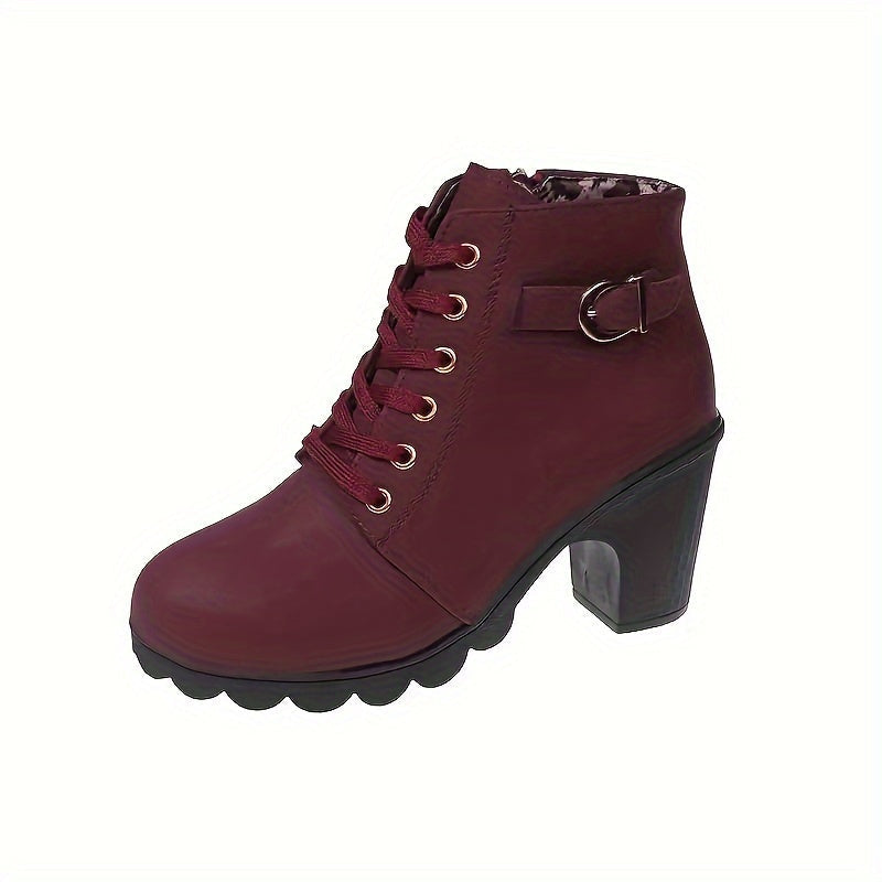 Stiefeletten Damen mit Blockabsatz, Schnürung und Seitenzipper