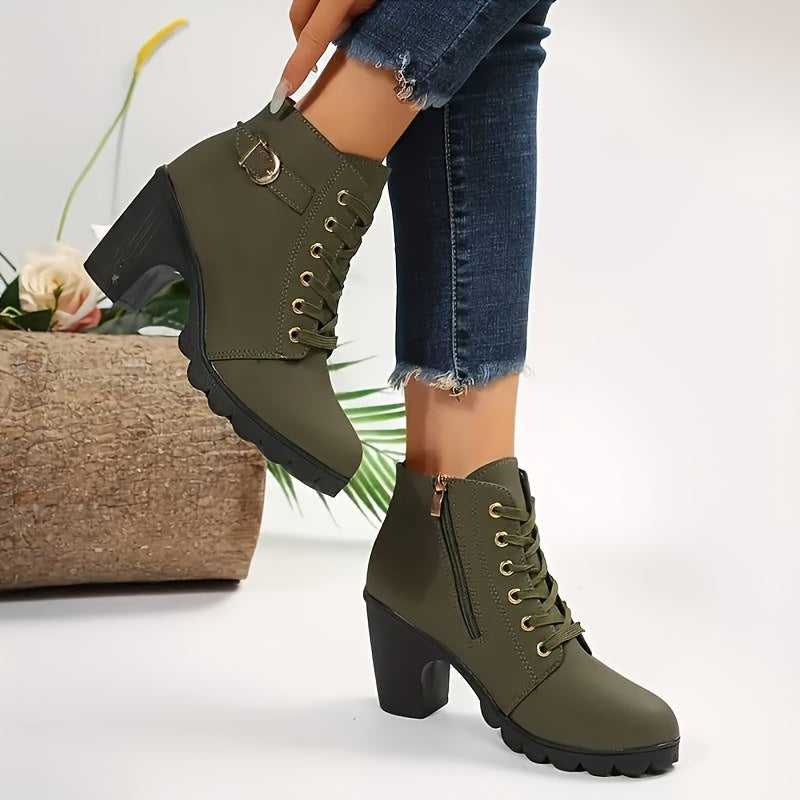 Stiefeletten Damen mit Blockabsatz, Schnürung und Seitenzipper