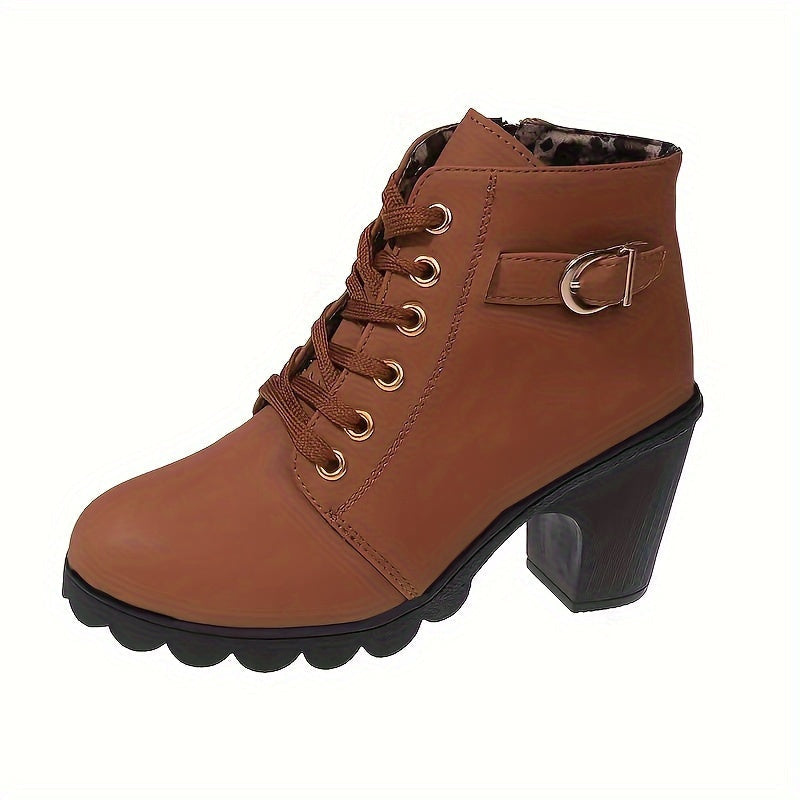 Stiefeletten Damen mit Blockabsatz, Schnürung und Seitenzipper
