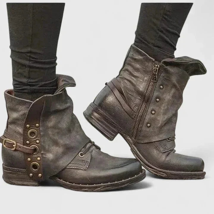 Stiefeletten Damen mit Nieten und Blockabsatz in Vintage Lederoptik