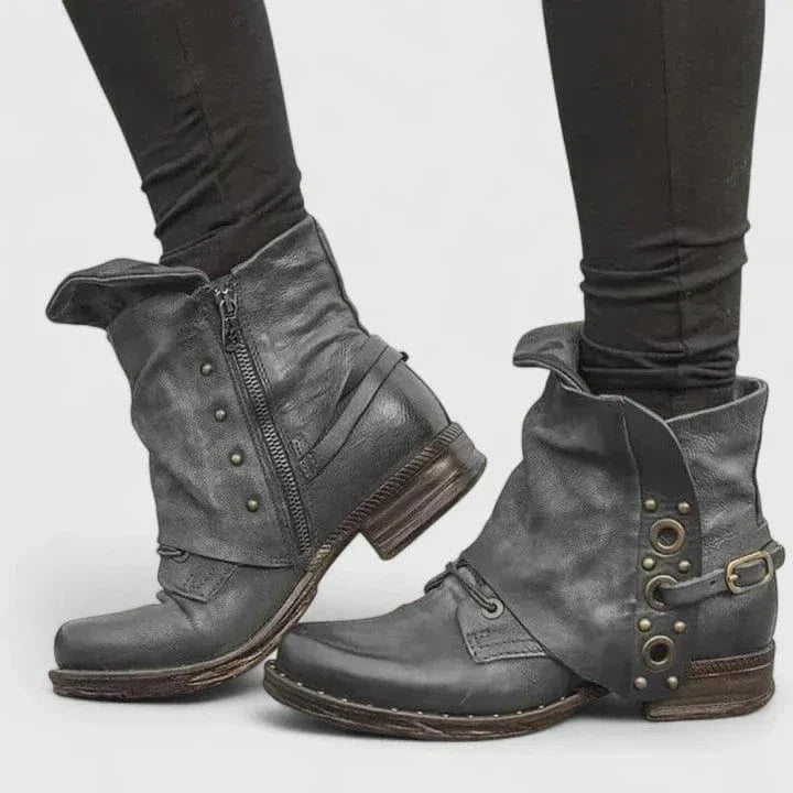 Stiefeletten Damen mit Nieten und Blockabsatz in Vintage Lederoptik
