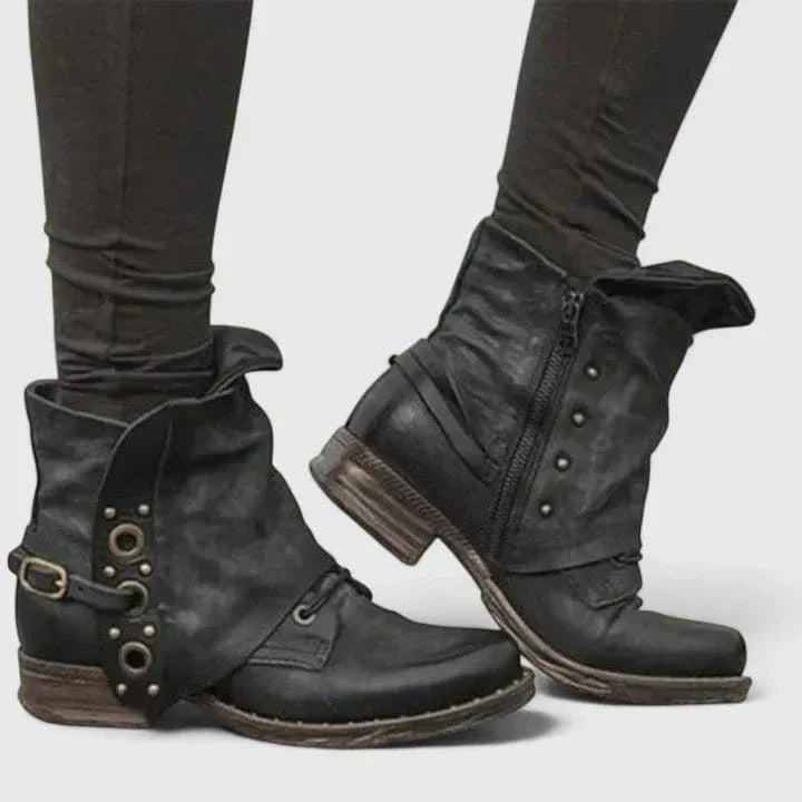 Stiefeletten Damen mit Nieten und Blockabsatz in Vintage Lederoptik