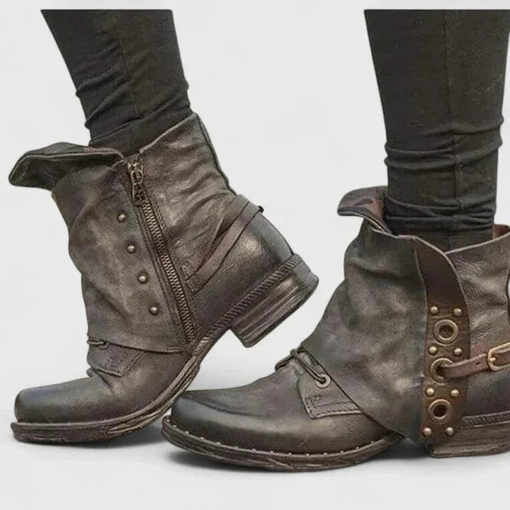 Stiefeletten Damen mit Nieten und Blockabsatz in Vintage Lederoptik