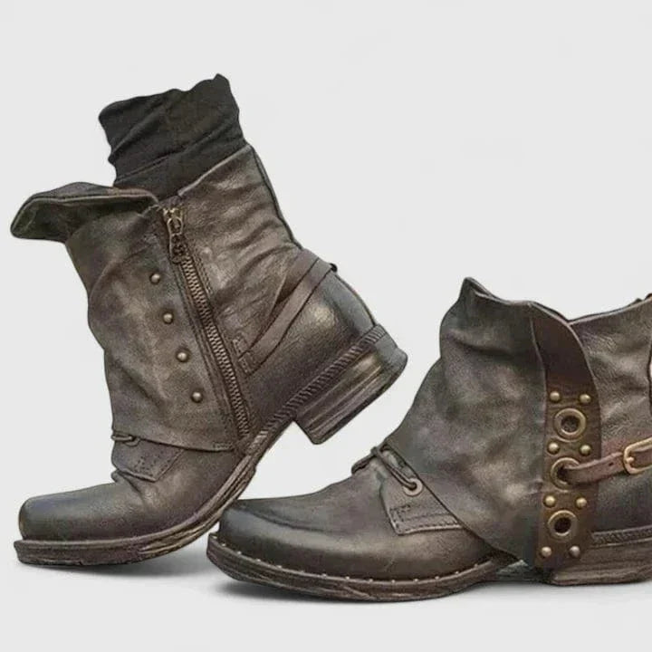 Stiefeletten Damen mit Nieten und Blockabsatz in Vintage Lederoptik