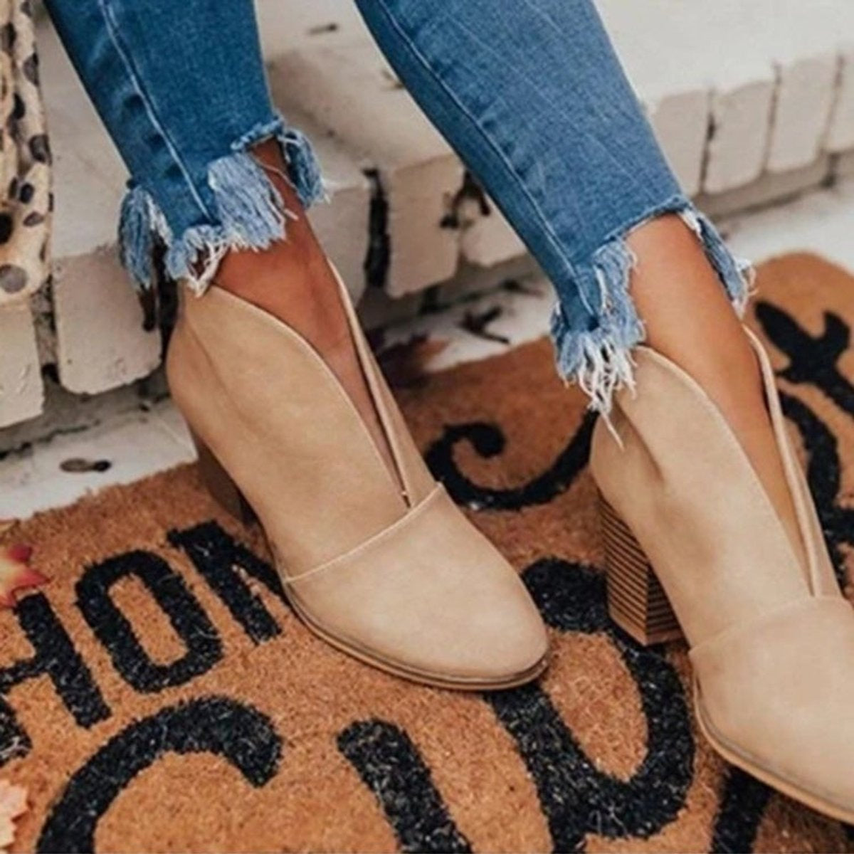 Stiefeletten Damen mit spitzer Zehenkappe und Blockabsatz, Kunstleder