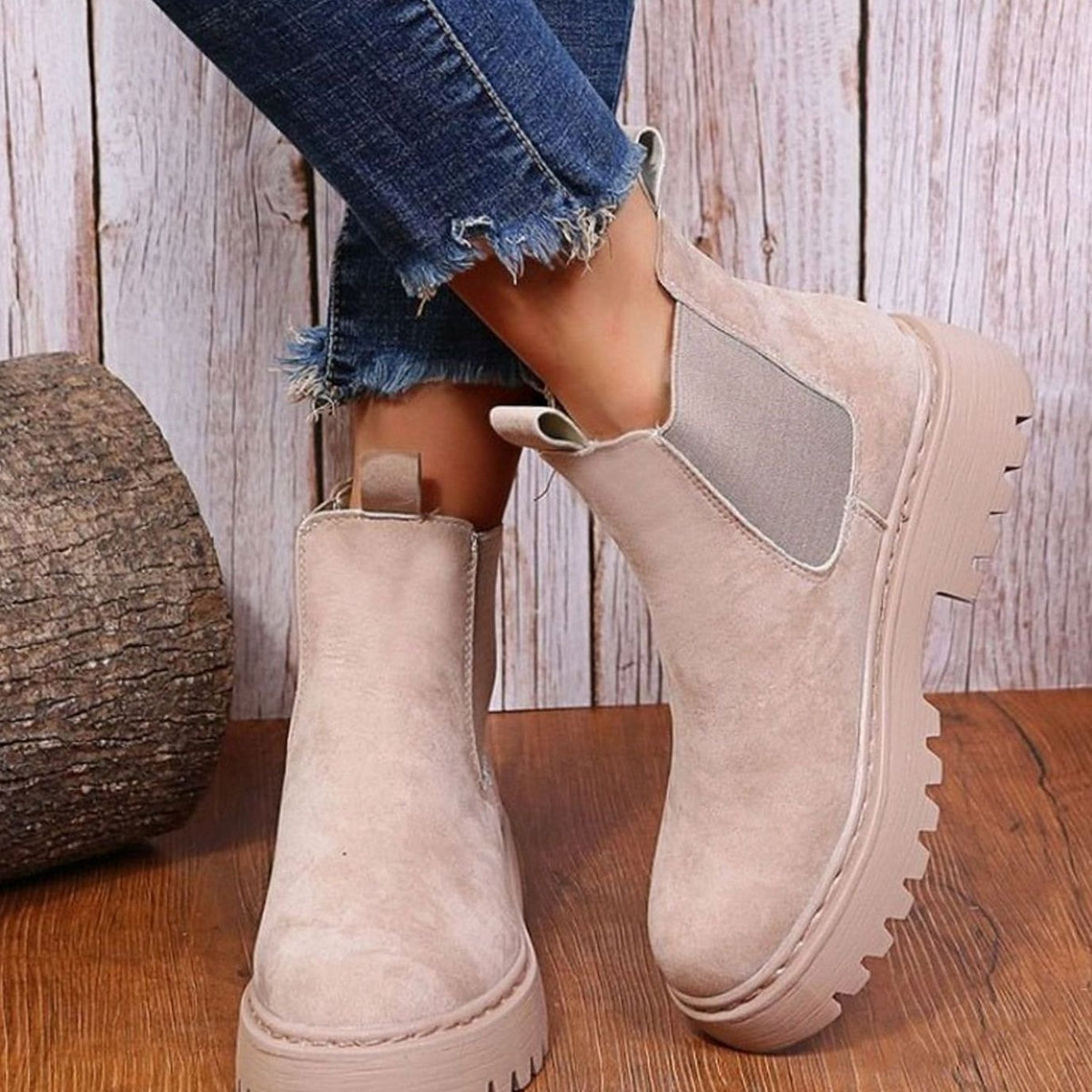 Stiefeletten Damen Chelsea Boots Slip on Plateausohle Wildlederoptik