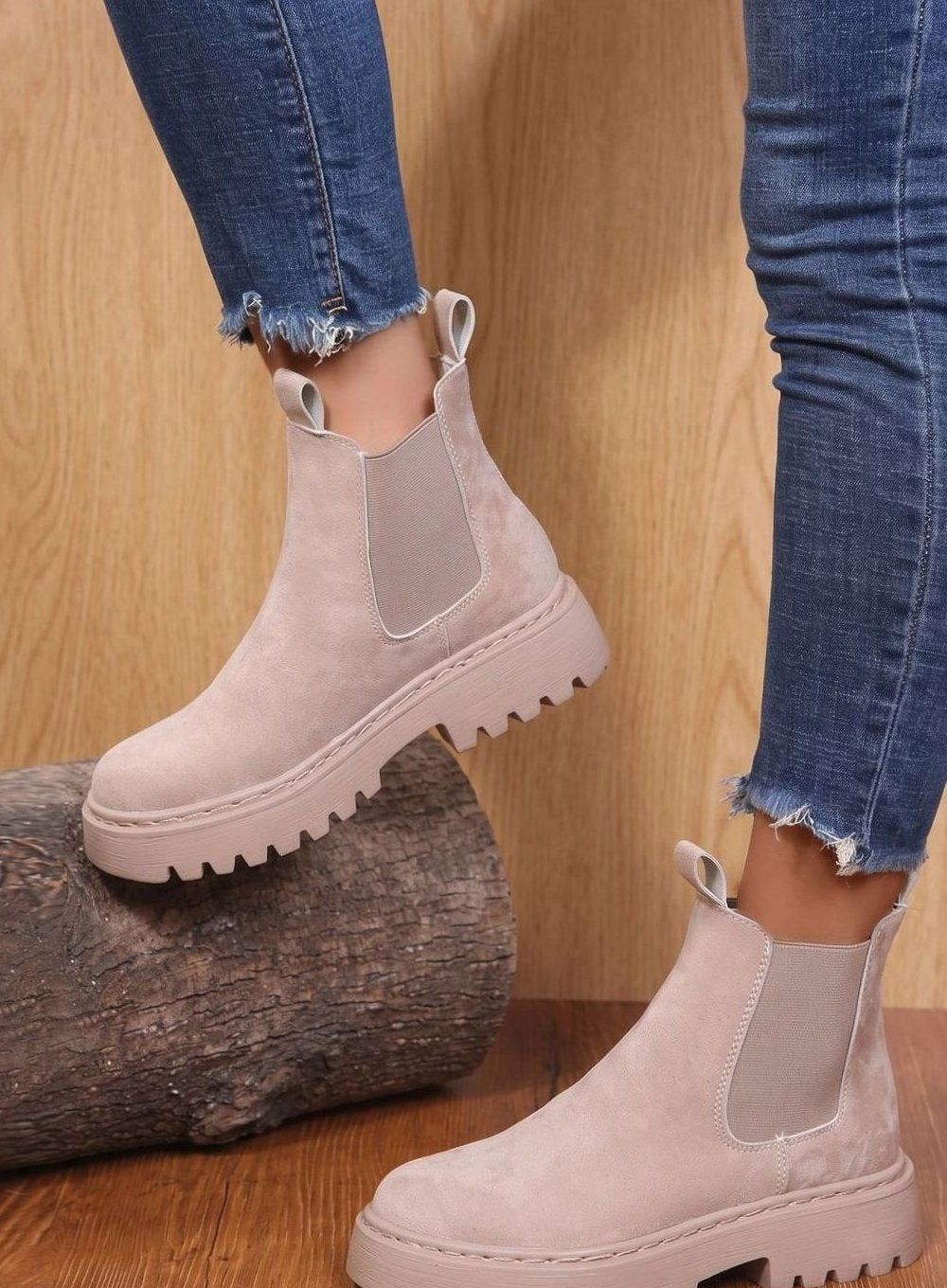 Stiefeletten Damen Chelsea Boots Slip on Plateausohle Wildlederoptik