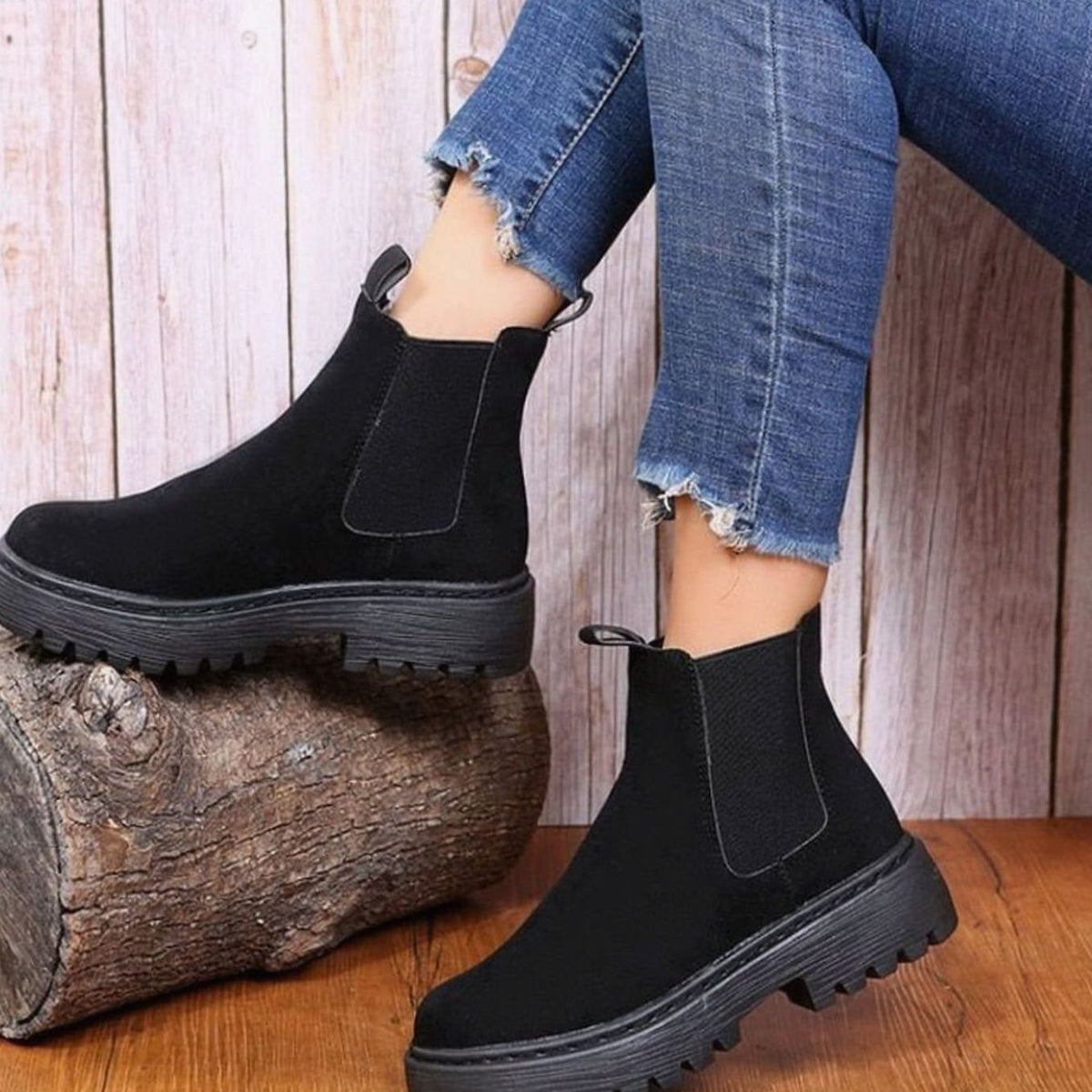 Stiefeletten Damen Chelsea Boots Slip on Plateausohle Wildlederoptik