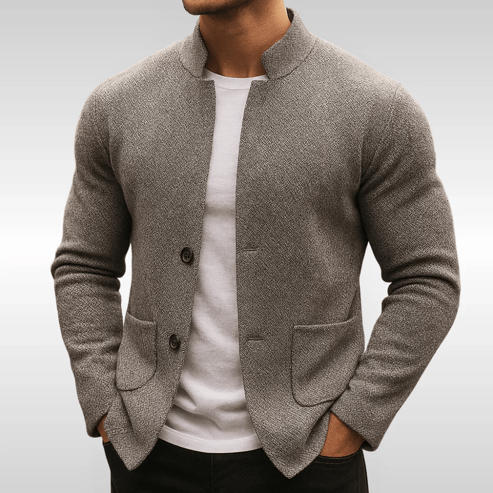 Strickjacke mit Stehkragen, Knöpfen und Taschen für Herren in Grau - Ansicht 2