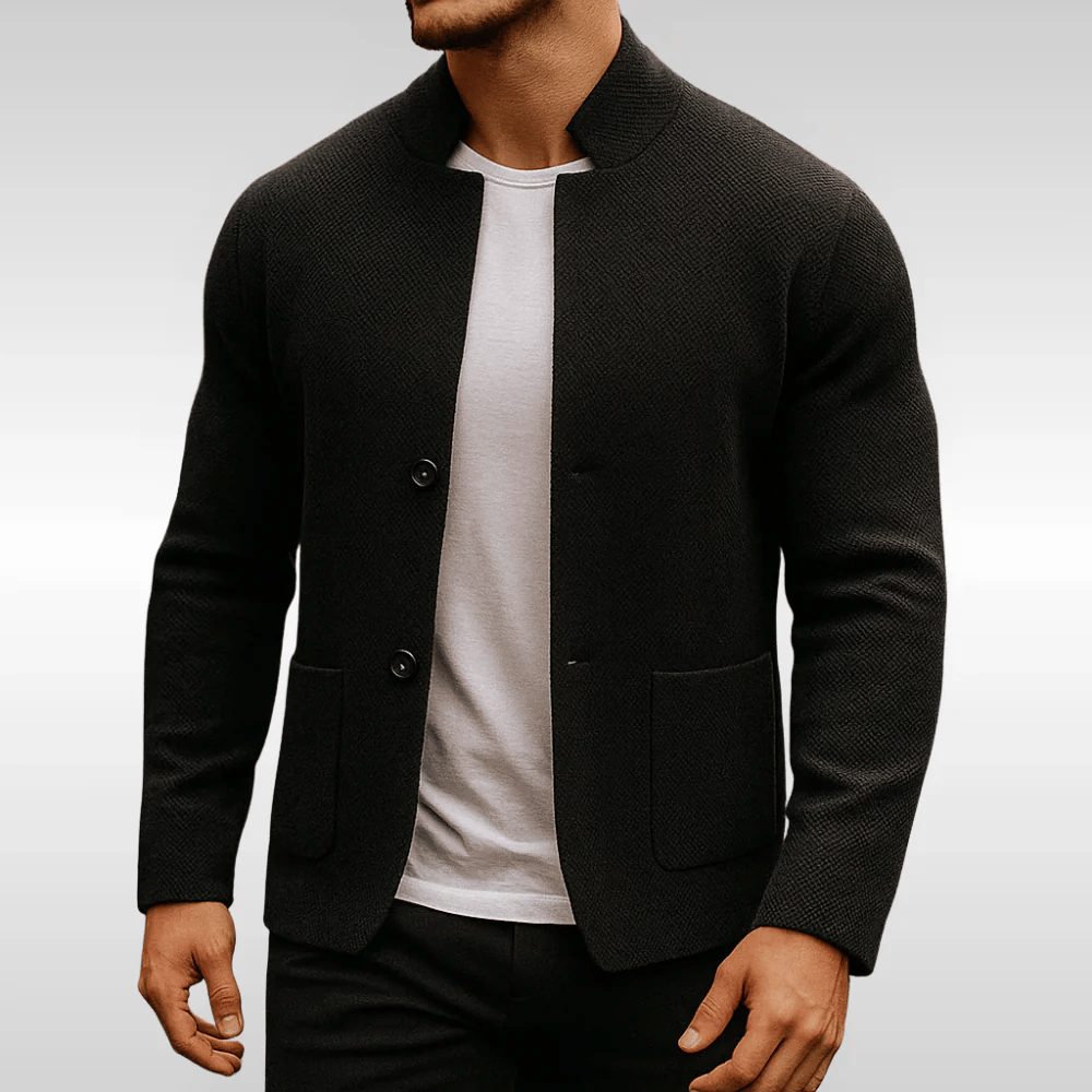 Strickjacke mit Stehkragen, Knöpfen und Taschen für Herren in Schwarz - Ansicht 3