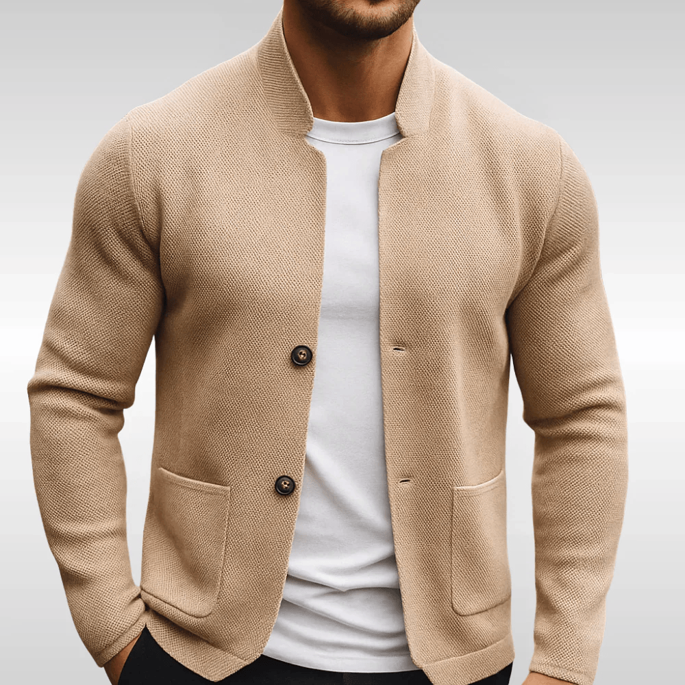Strickjacke mit Stehkragen, Knöpfen und Taschen für Herren in Beige - Ansicht 4