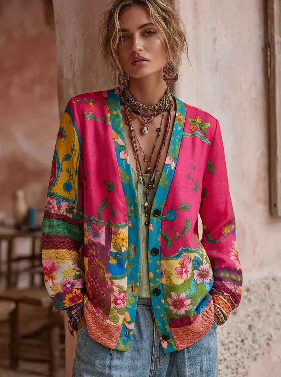 Strickjacke mit Blumenmotiv und V-Ausschnitt für Damen in Rosa