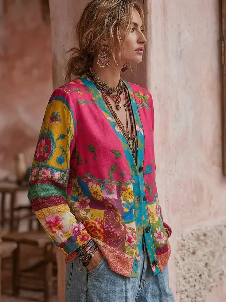 Strickjacke mit Blumenmotiv und V-Ausschnitt für Damen - Ansicht 2