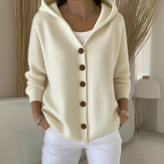 Strickjacke mit Kapuze, Knöpfen und A-Linie für Damen in Beige - Ansicht 3