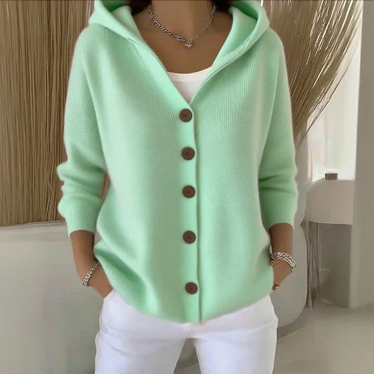Strickjacke mit Kapuze, Knöpfen und A-Linie für Damen in Grün - Ansicht 4