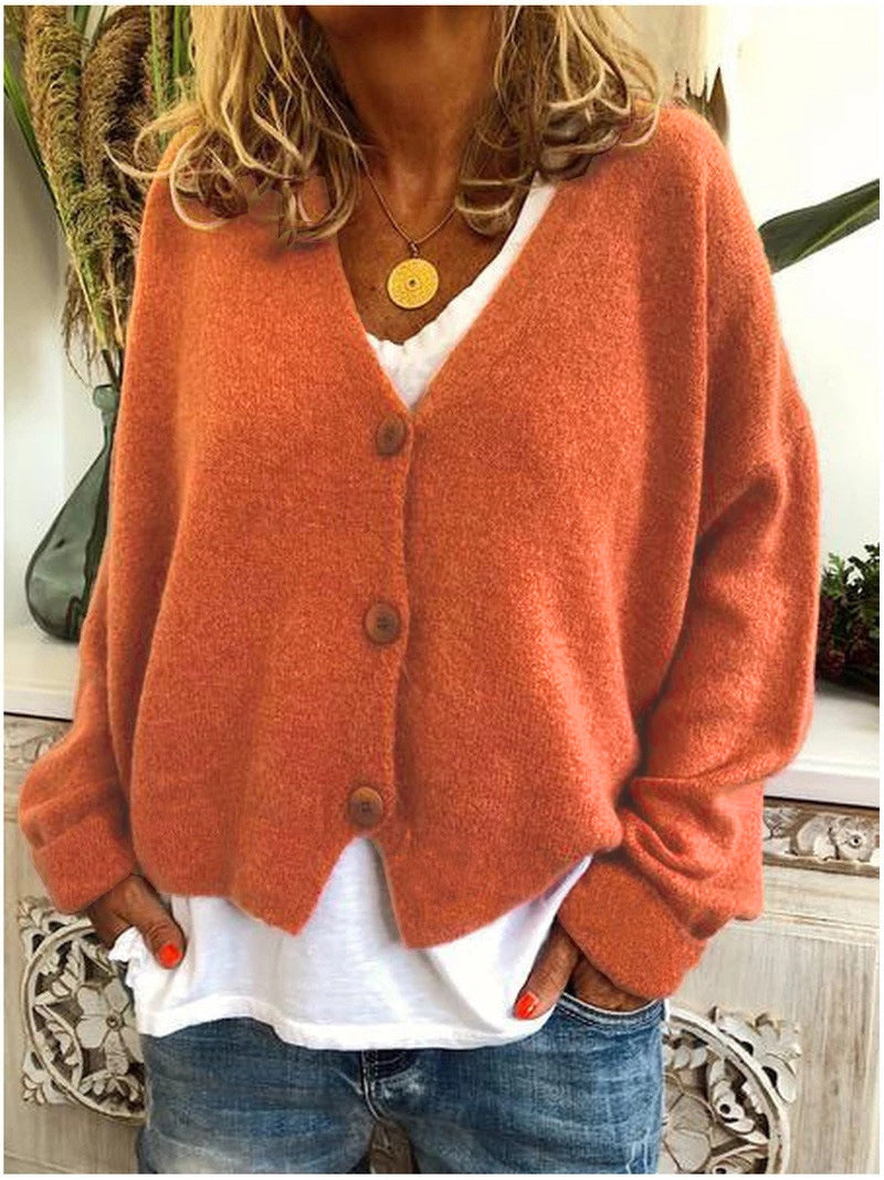 Kurze Strickjacke mit V-Ausschnitt und Knöpfen für Damen in Orange