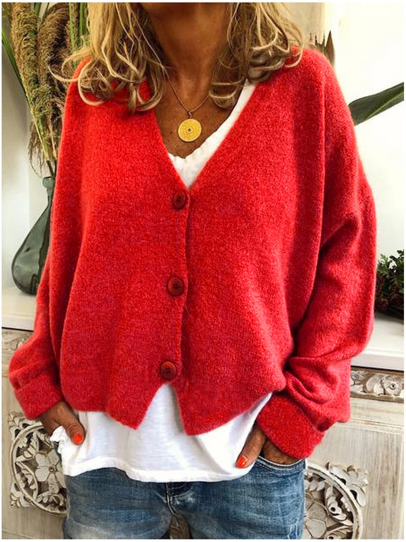 Kurze Strickjacke mit V-Ausschnitt und Knöpfen für Damen in Rot - Ansicht 3