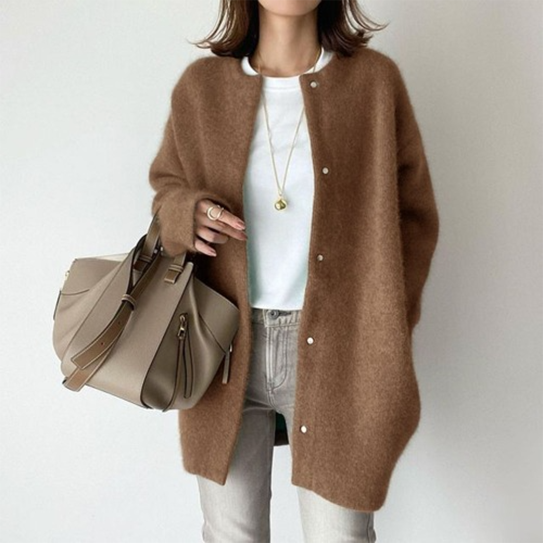 Strickjacke aus Baumwoll-Leinen-Mix mit Taschen für Damen in Karamell - Ansicht 3