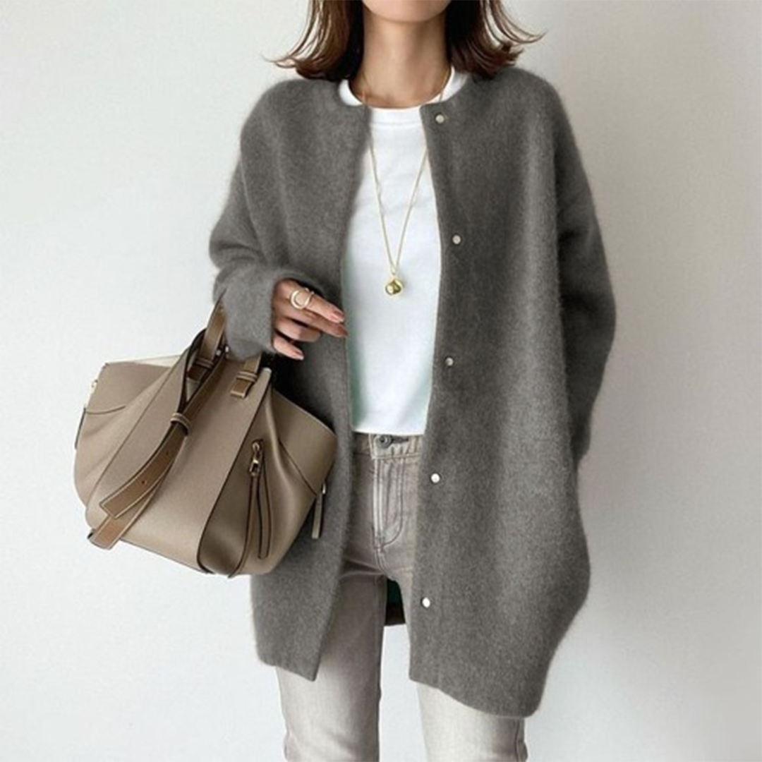 Strickjacke aus Baumwoll-Leinen-Mix mit Taschen für Damen in Grau - Ansicht 4