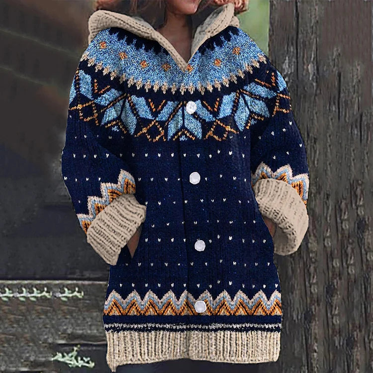 Strickjacke mit Kapuze, Muster und großen Knöpfen für Damen in Blau - Ansicht 2