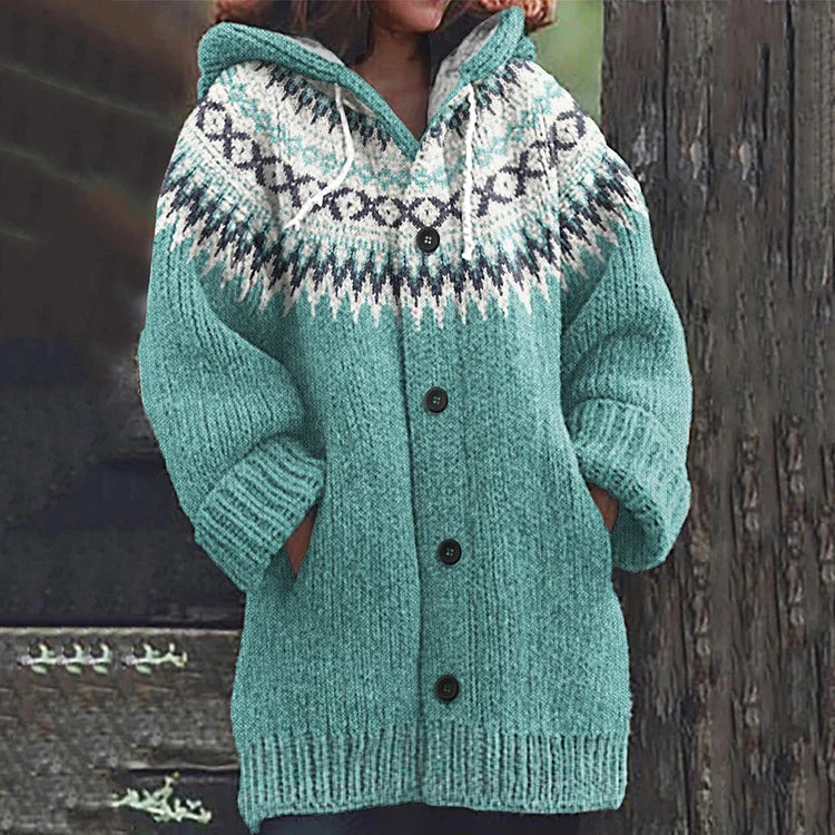 Strickjacke mit Kapuze, Muster und großen Knöpfen für Damen in Hellblau - Ansicht 3