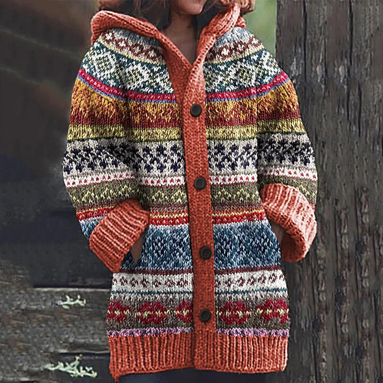 Strickjacke mit Kapuze, Muster und großen Knöpfen für Damen in Orange - Ansicht 4